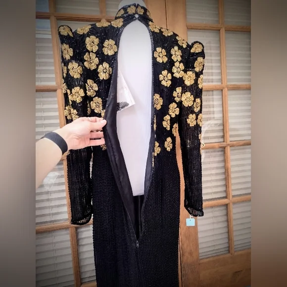 Brand New Hand Beaded Gown, Black and Gold, by Fleur de Paris, New Orleans - Picture 10 of 16
